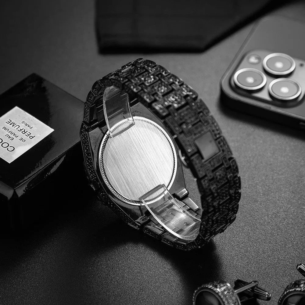 Iced-Out Black Rhinestone Men's Quartz Watch
