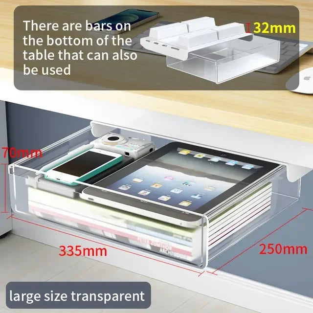 Transparent Under Desk Drawer Self Stick Hidden Storage Tray Quiet Pull Out Desk Organizer Accessory