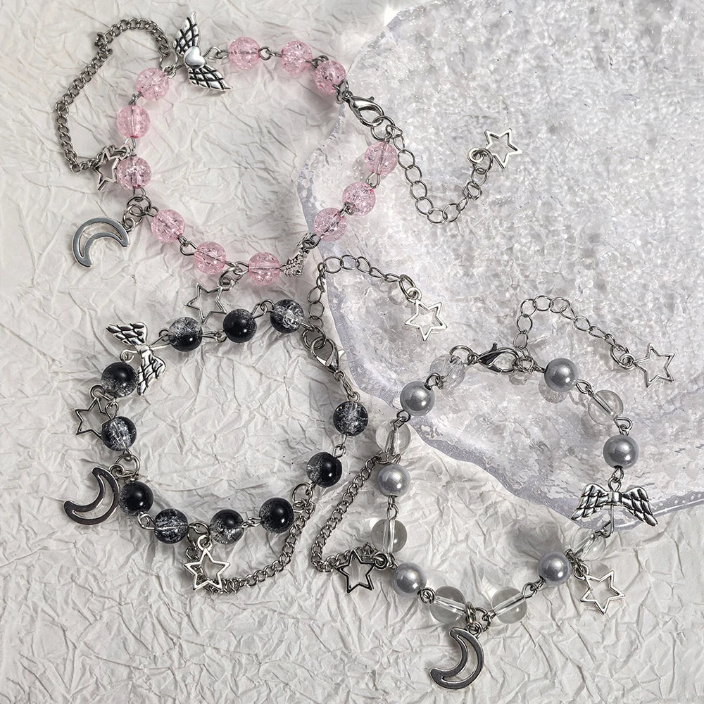 Y2K Sweet and Cool Girl's Ice Crackle Bead Heart-Shaped Wings Star