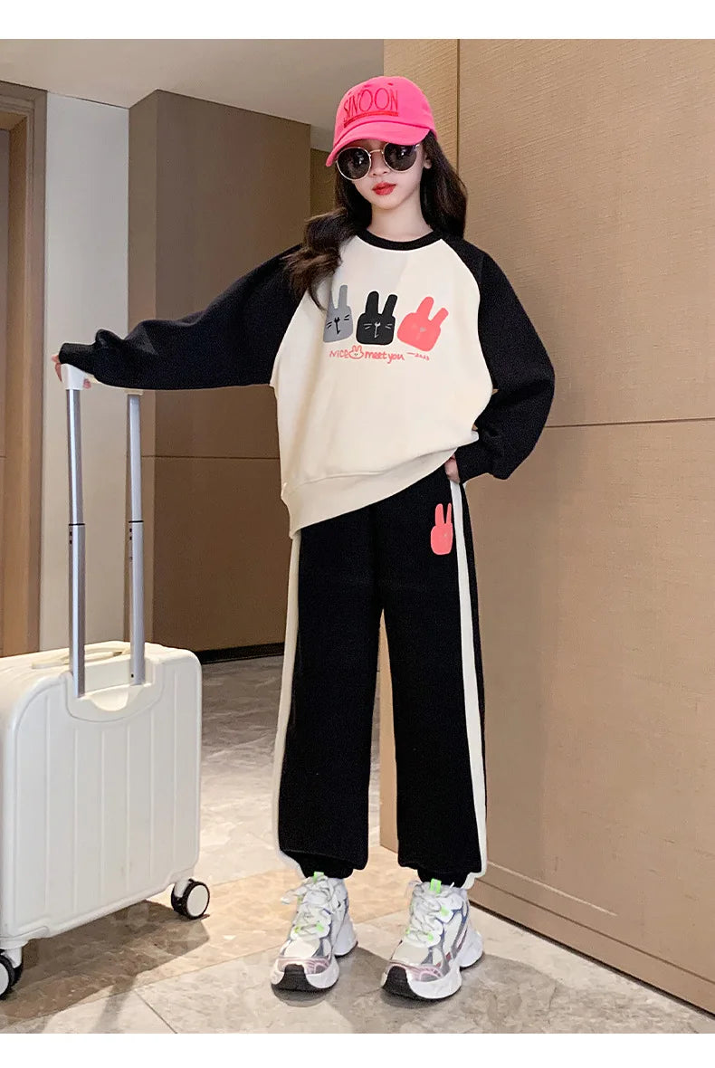 Girls Cotton Contrast Cartoon Alphabet Loose Sweatshirt+Sweatpant School Kids Tracksuit Child Jogger Outfit Workout Sets 5-16Yrs