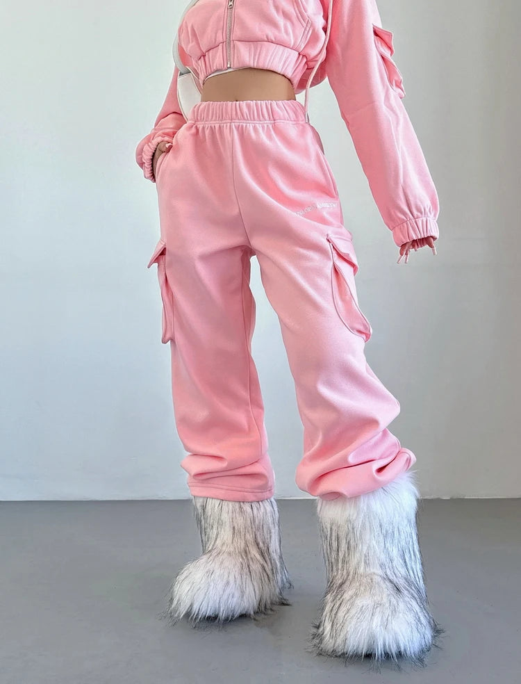 WOMENGAGA Short Zipper Sweatshirt Large Pocket Wide Leg Pants Two Piece Casual Plush Set For Winter Women Fashion Sweet 2PTB