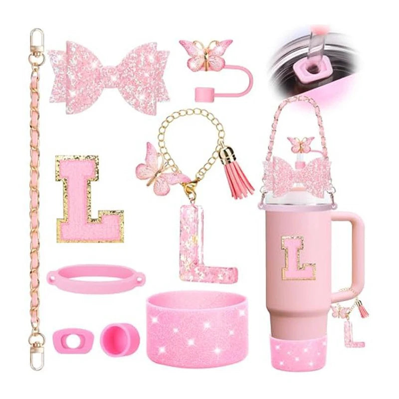 9PCS Set Bling Pink For Stanley Cup Cute Bow Letter Decoration 30oz 40oz Cup Spill Proof Stopper Keychain Handle Cup Accessoriy