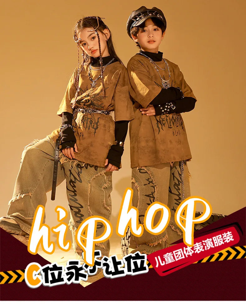 Boys Wasteland Punk Street Dance Sweatshirt Jeans Pants Girls Hip Hop Clothes Sets Kids Jazz Stage Costumes Children Streetwear