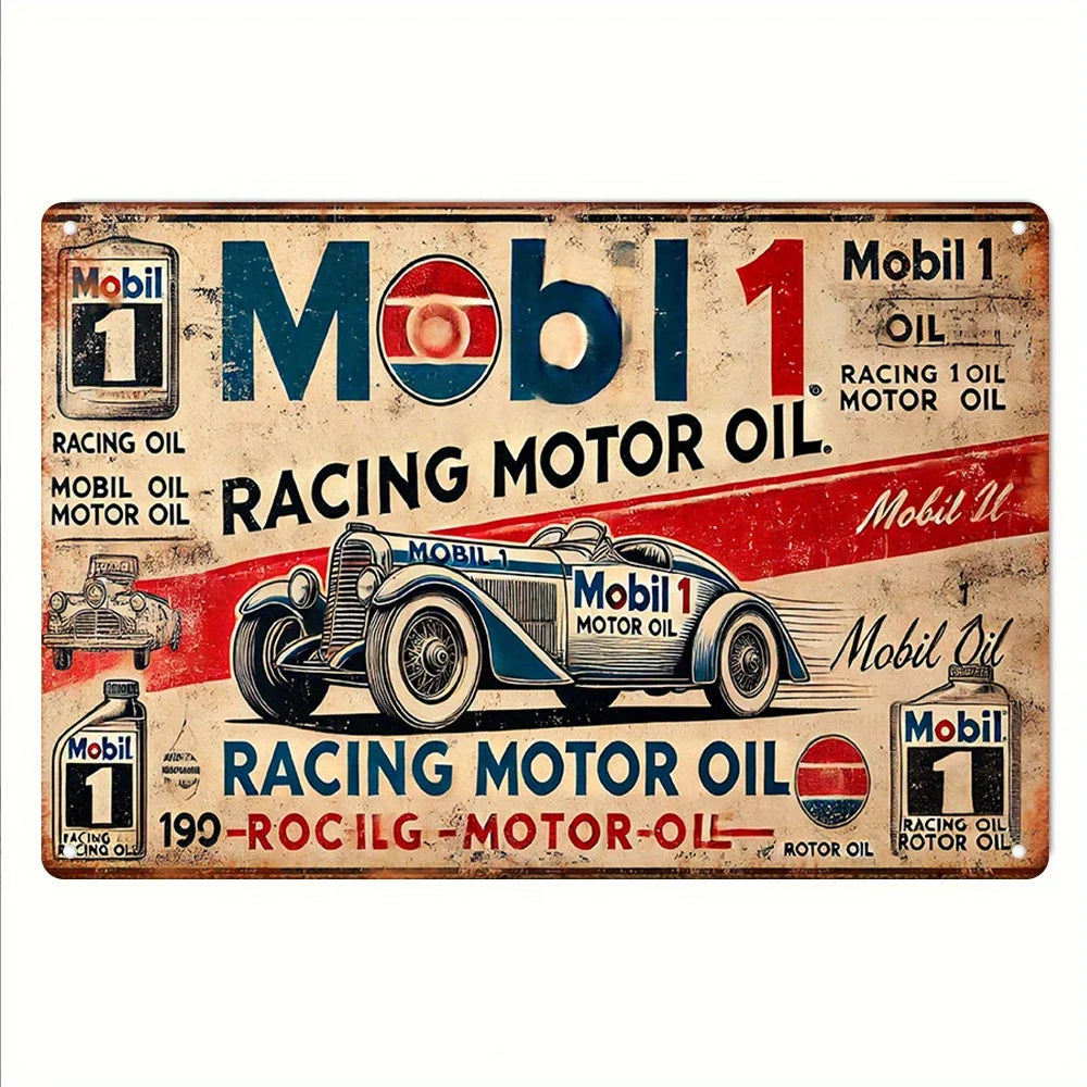 Vintage Mobil 1 Racing Motor Oil Metal Tin Sign, Retro Classic Car Iron Painting Wall Art, Rustic Garage Decorative Plaque for M