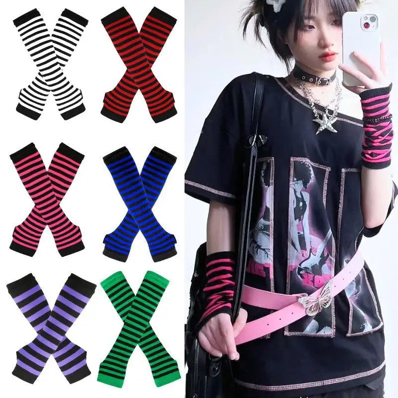 Y2K Gothic Lolita Gloves Black Striped Fingerless Arm Cover