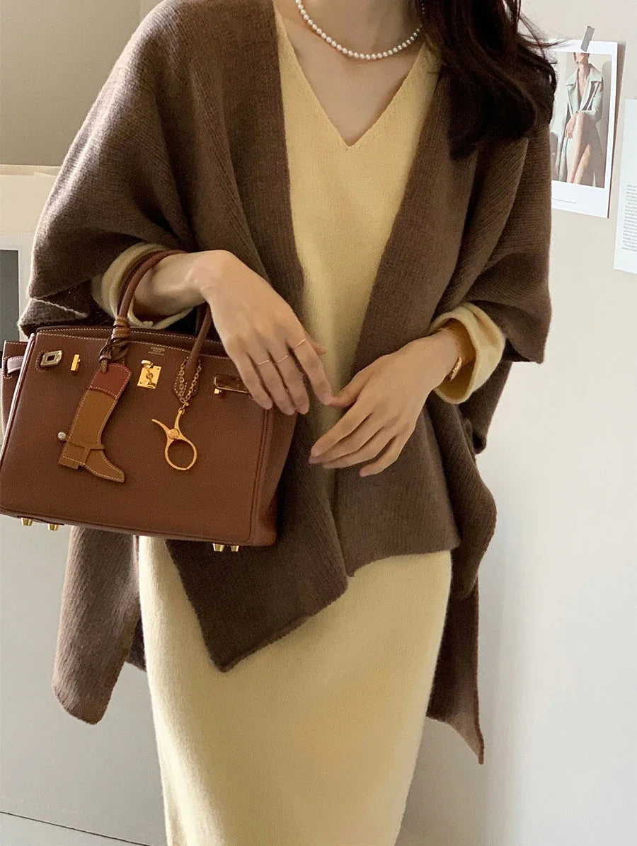 Fashion Elegant Knitted Shawl Jacket Korean Style Women's Casual Loose Warm Cloak Top Solid Color Knitted Cardigan Sweater Coats