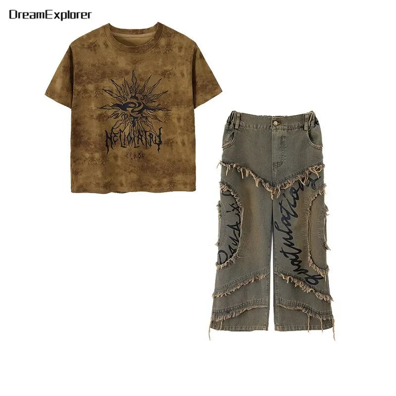 Boys Wasteland Punk Street Dance Sweatshirt Jeans Pants Girls Hip Hop Clothes Sets Kids Jazz Stage Costumes Children Streetwear