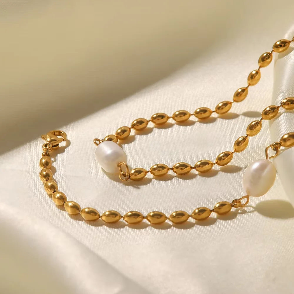 316L Stainless Steel Fashion Vintage Fake Round Pearl Beads Chain Necklace Bracelet Single Pearl Pendant Jewelry Set for Party