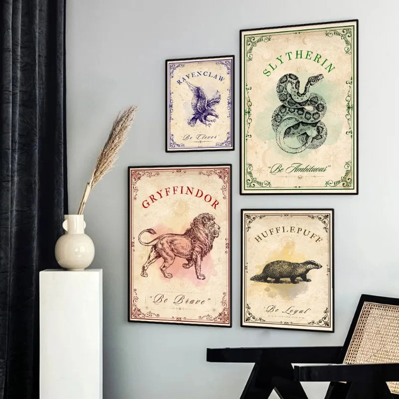 Vintage Wizard School Houses Poster H-Hogwarts Inspiring Quotes Magic World Canvas Painting Wall Art for Living Room Home Decor