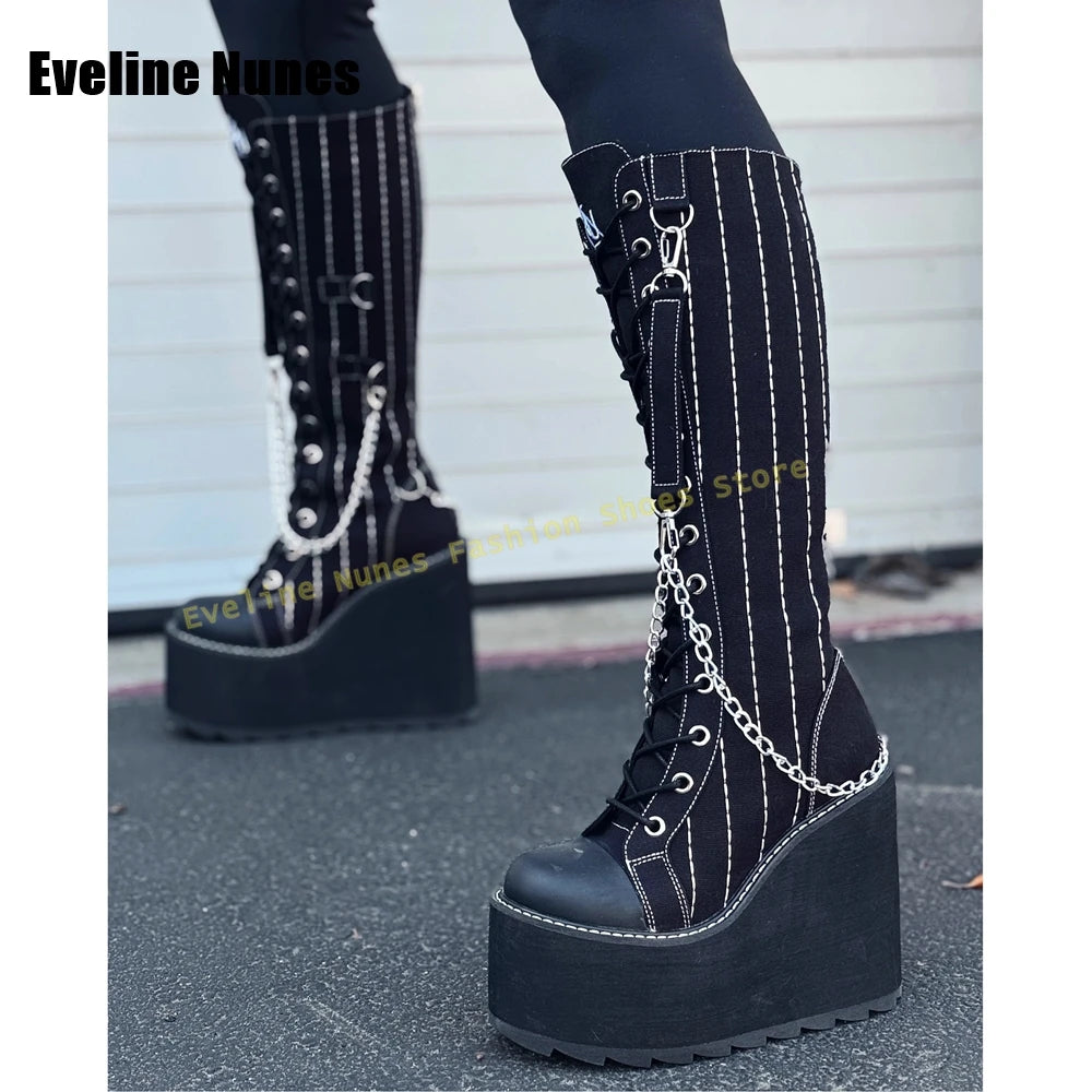 Metal Chain Decoration Canvas Boots Round Toe Wedges Lace up Lady