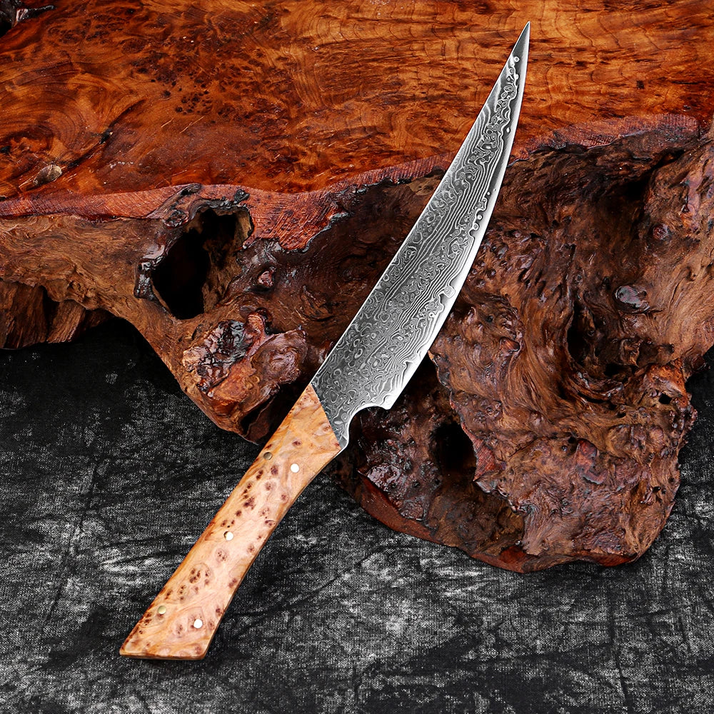 Damascus Steel Handmade Curved Edge Japanese Utility Knife,Full Tang Pakkawood Handle,High Hardness Sharp Kitchen Peeling Knife
