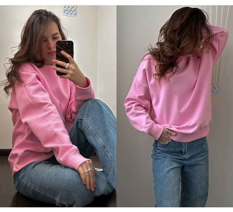 Streamgirl Cotton Basic Sweatshirt Women Oversized Yellow Pullovers Loose Casual Tops Spring Colorful Sweatshirts Women Pink