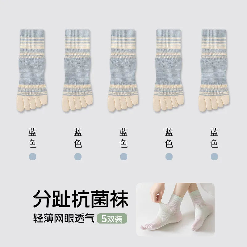 100% Cotton Five Toe Socks for Women - Breathable Striped Crew Socks, Comfy No Blister Toe Socks for Daily Wear