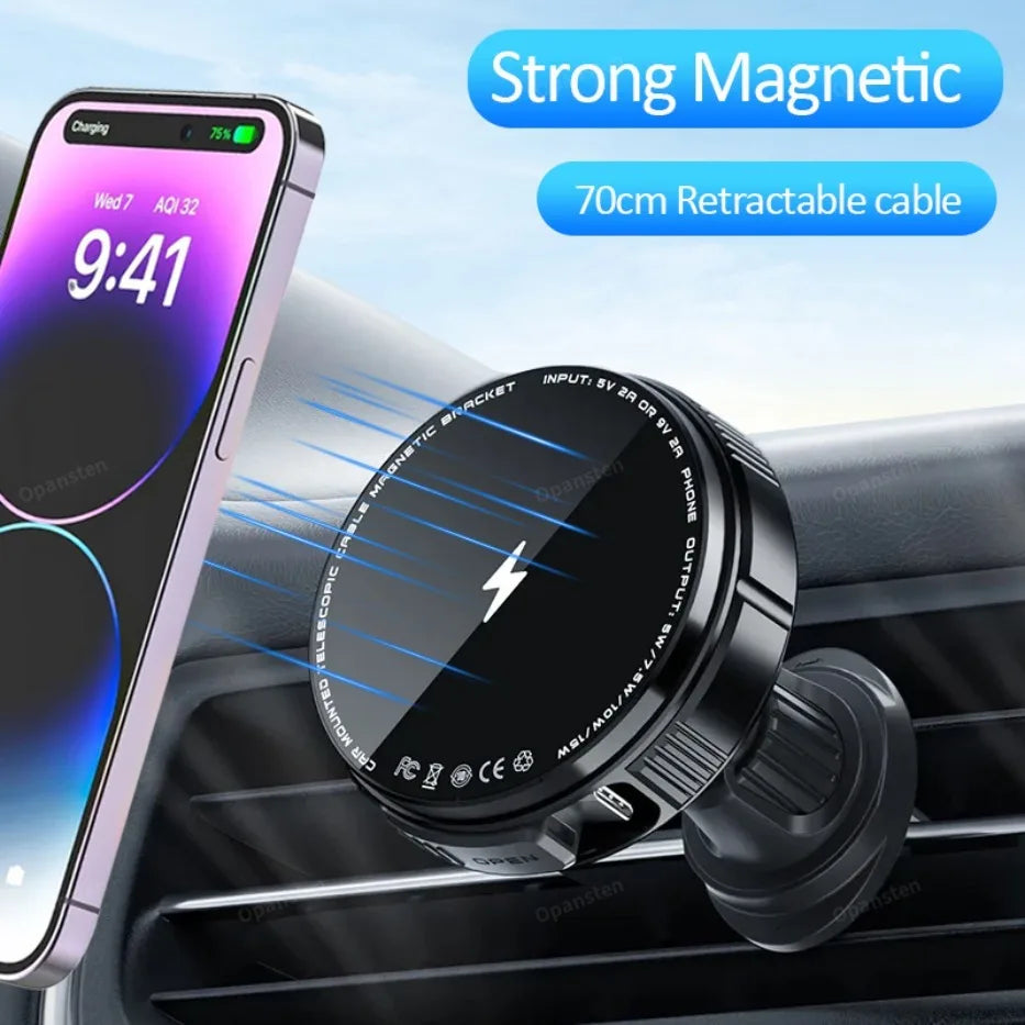 N52 Magnetic Car Wireless Charger Retractable USB C Cable Phone Cooling Holder For Magsafe iPhone 16 15 14 Pro Max Fast Charging