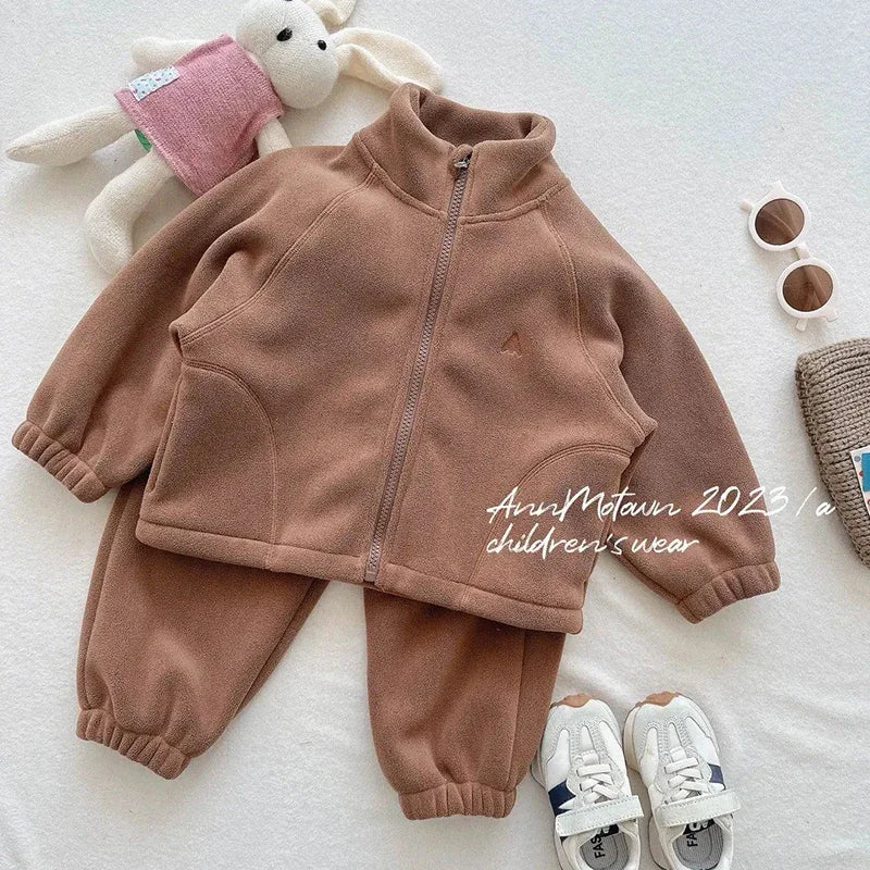 Children's Polar Fleece Suit Zipper Tracksuit Set for Boy Girl Baby Clothes Fall Winter Insulated Sweatshirt Pants Sportwear
