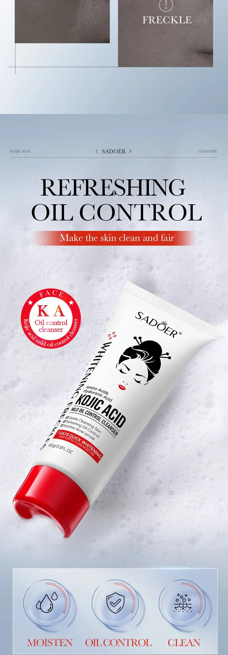 100ml Kojic Acid Skin Care Facial Wash Mild Oil Control Deep Moisturizing Cleansing and Nonirritating Face Cleanser Face Wash