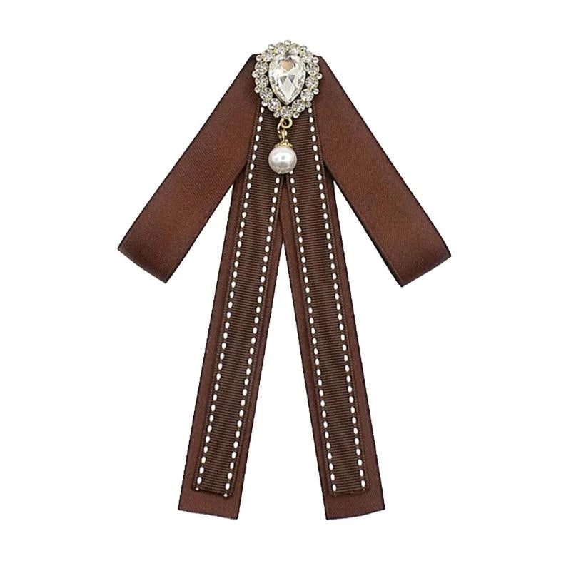 Ribbon Bowtie Brooch Pin Student Uniform Pre Tied Necktie Clip Vintage Brown Plaids Bowknot Corsage Shirt Jabot Collar