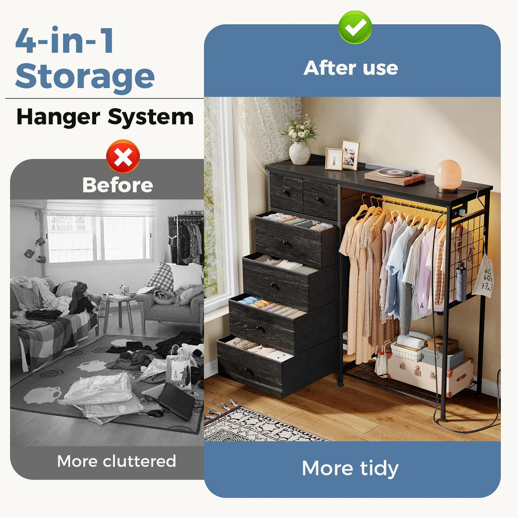 JHK 6 Drawer Fabric Dresser with Hanging Rack for Living Room