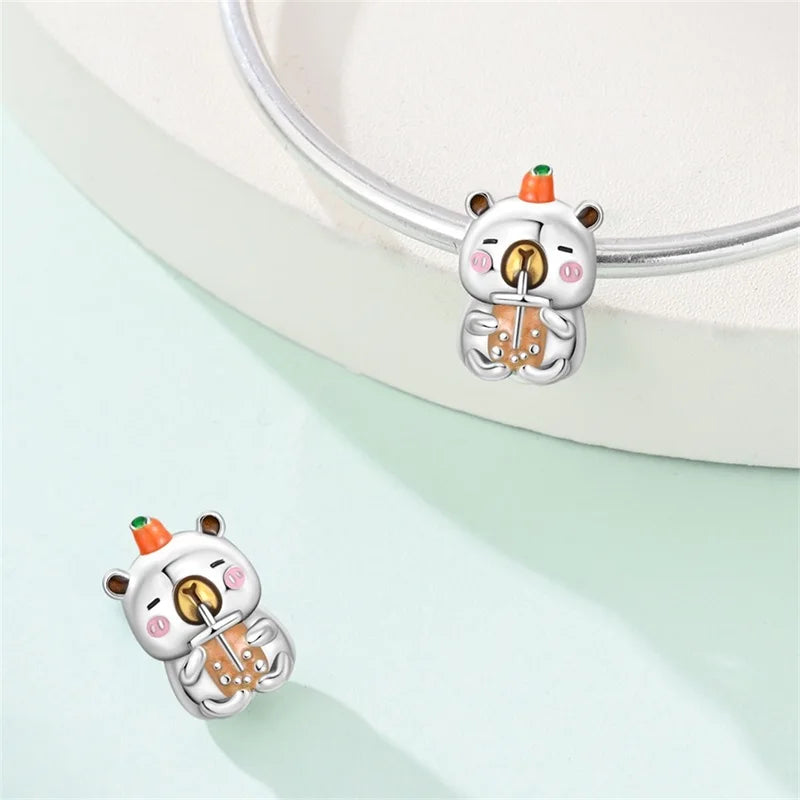 Cute Pet Series Capybara Couples Charms Eat Fruit Beads Fit DIY 925 Silver Bracelet Necklace Women Anniversary Jewelry Gift