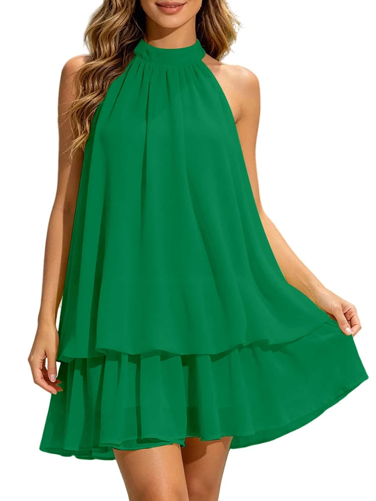 Women Halter Neck Backless Tie Mini Dress Summer Sleeveless