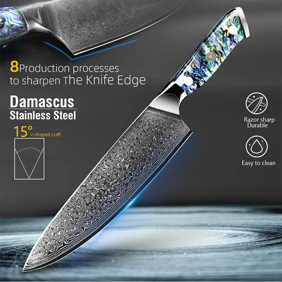 Damascus Knife Chef Knife Japanes VG10 67 Layer Steel Cleaver Paring Bread Knife Lasting Sharp Abalone Shell Handle Kitchen Gift