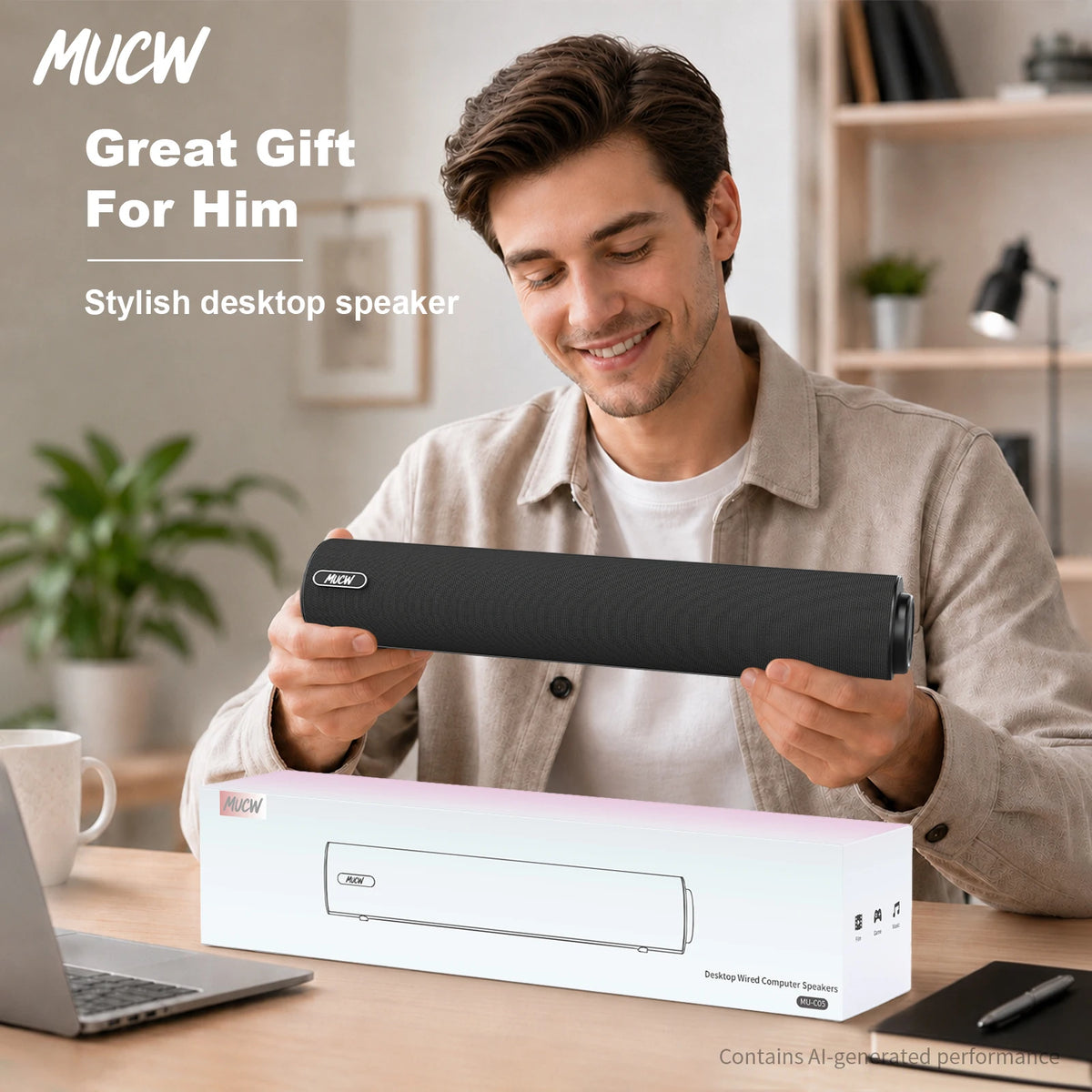 MUCW Minimalist Wired Computer Soundbar Stereo USB Power 3.5mm AUX