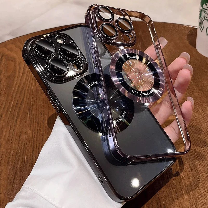 Luxury Logo Window Magnet Wireless Charger Plating Clear Case For iPhone 16 15 14 13 12 11 Pro Max Plus Back Cover For Magsafe