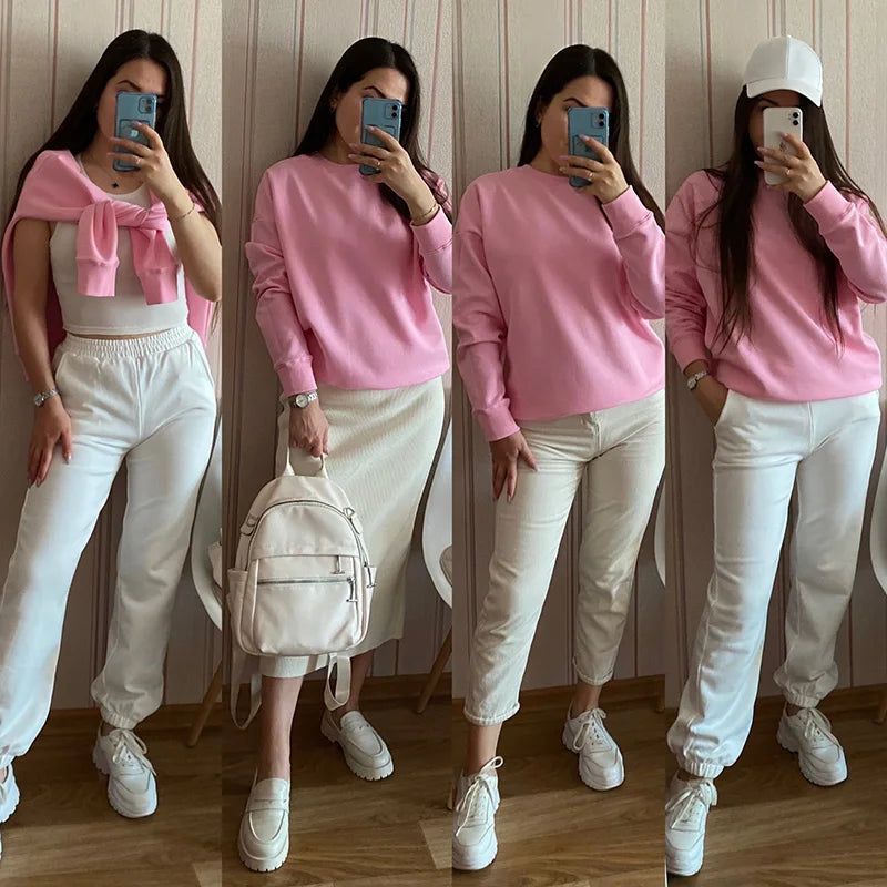 Streamgirl Cotton Basic Sweatshirt Women Oversized Yellow Pullovers Loose Casual Tops Spring Colorful Sweatshirts Women Pink