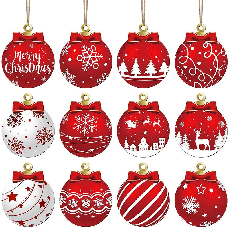 12Pcs Christmas Wooden Ball Ornaments Xmas Tree Hanging Pendant DIY Craft Merry Christmas Decoration For Home 2025 New Year Gift