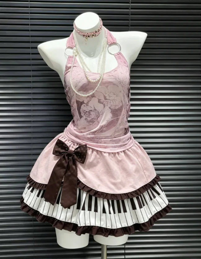 French Elegant Y2K Piano Print Ruffle Lace Mini Skirt Female Retro