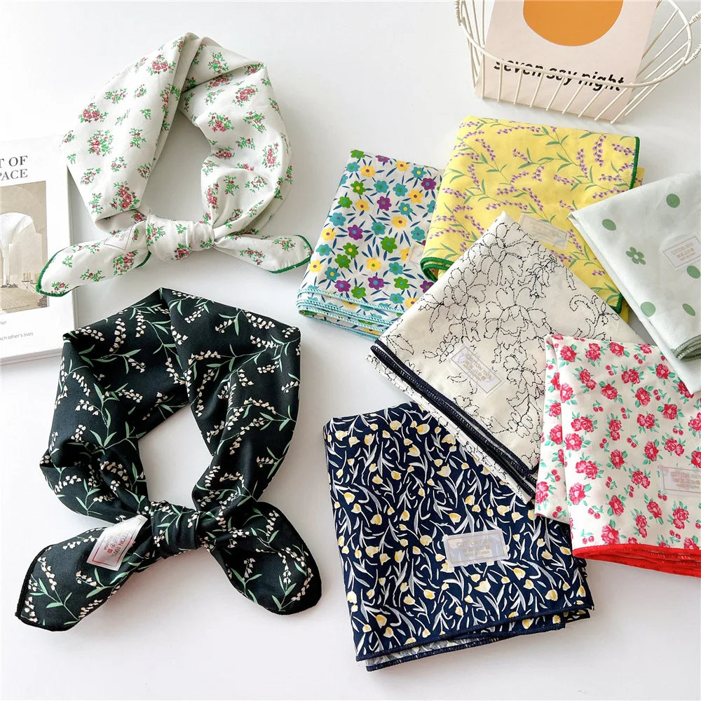 60cm Flower Print Cotton Bandanas Square Scarf Women Girls Headband Accessories Handkerchief Neckerchief Hairscarf Hairscarf