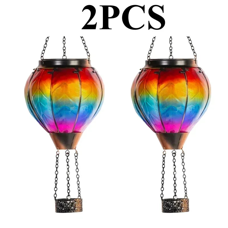 Vintage Solar Garden Lamp LED Flame Effect Hot Air Balloon Outdoor Decor Metal Glass Flickering Lawn Light Waterproof