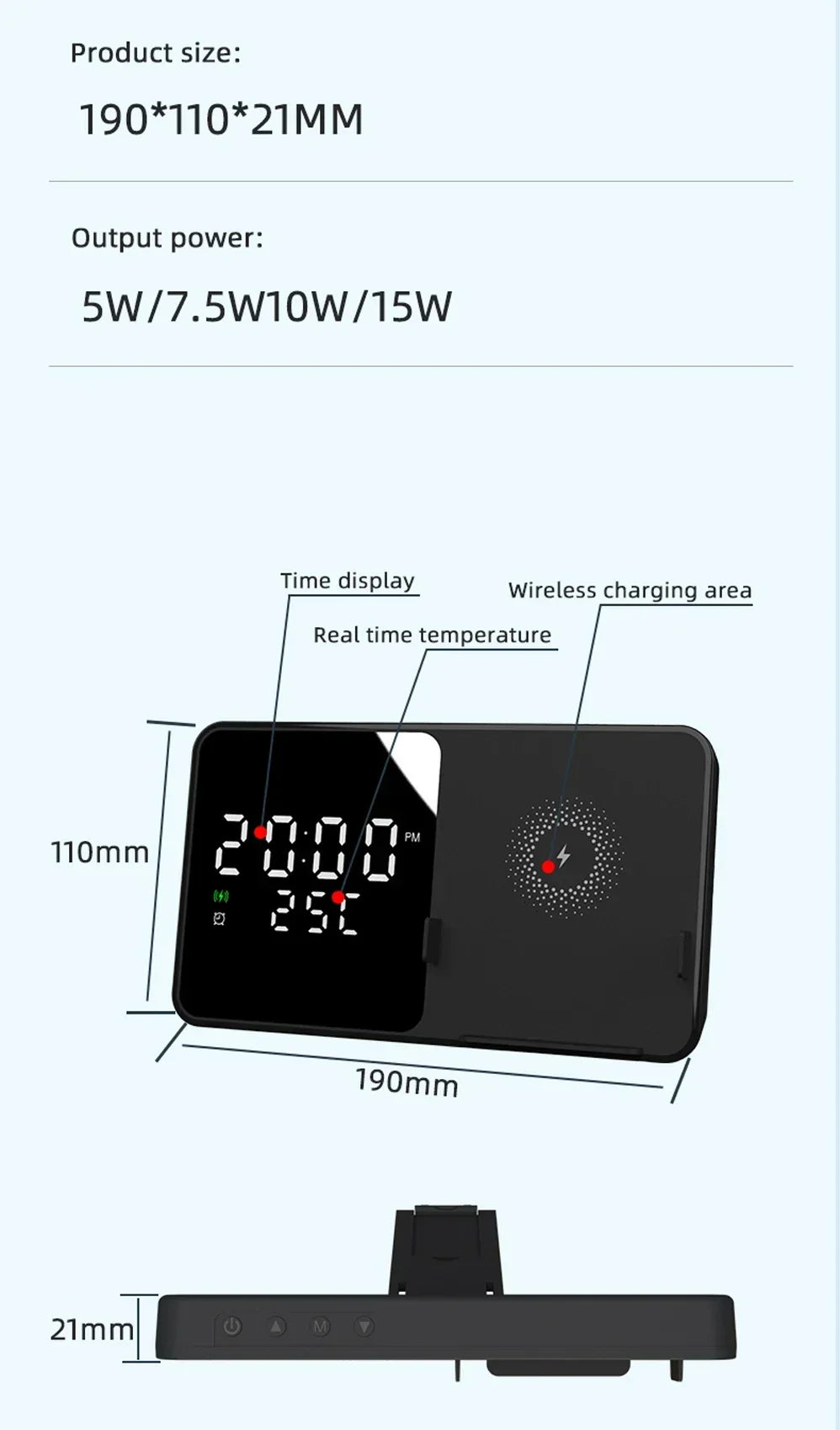 Wireless Charger Pad Stand with Alarm Clock Thermometer for iPhone 14 13 12 11 X Xiaomi Samsung 15W Phone Fast Charging Station