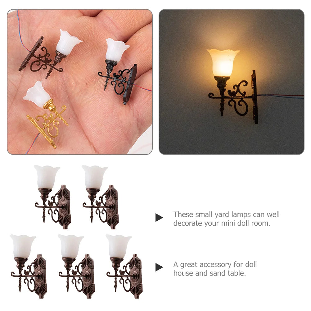 5Pcs Stainless Steel Abs Miniature Wall Lamp Models Sand Table Accessories Tiny Lamps For Diorama Decorative Figurines Warm