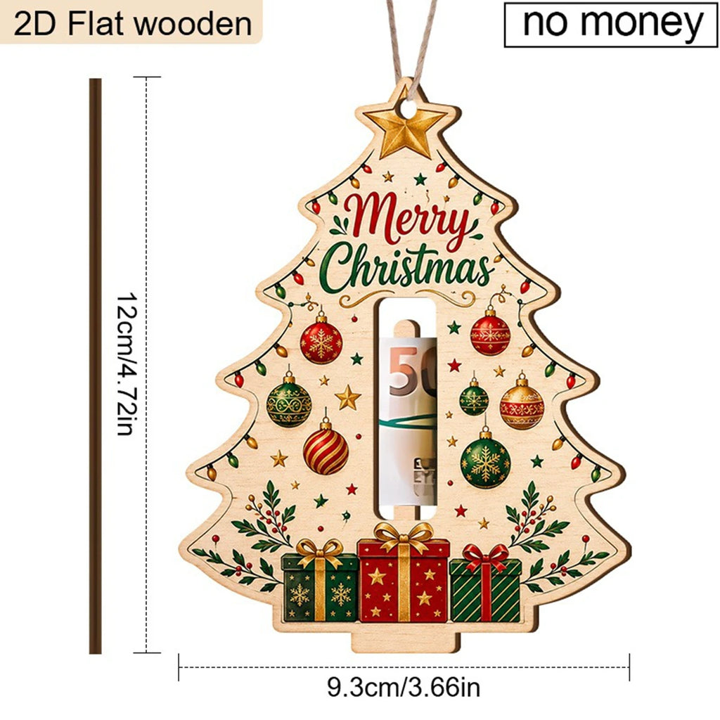 Christmas Tree Wooden Money Holder Ornament 2D Flat Wood Cash Clip Hanging Decor Merry Christmas Tree Shape Money Holder Gift