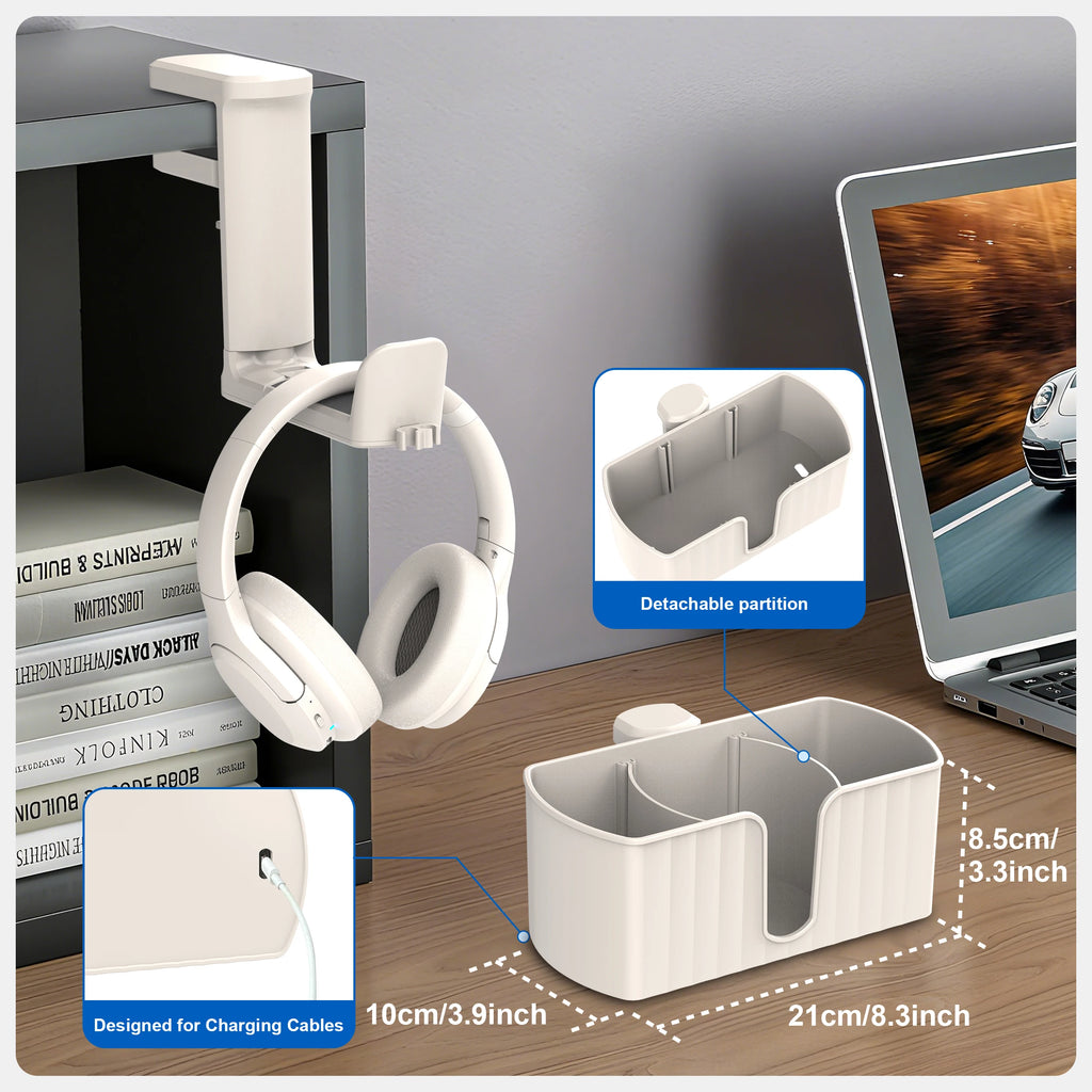 4-in-1 Desk Organizer - Under Desk Cup Holder and Headphone Hanger with 2 Wire Holes - Rotating Hanger，for Cup, Phone and Pen