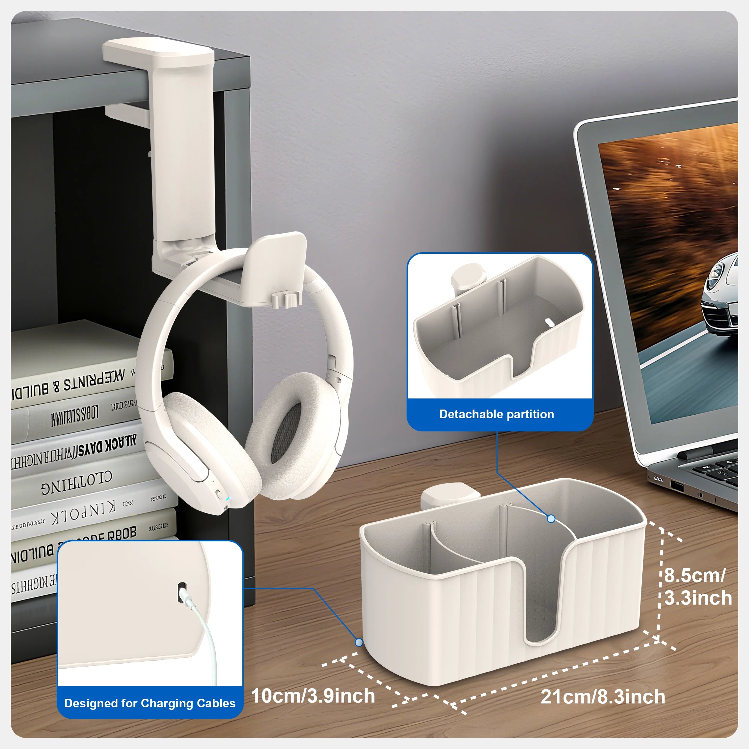4-in-1 Desk Organizer - Under Desk Cup Holder and Headphone Hanger with 2 Wire Holes - Rotating Hanger，for Cup, Phone and Pen