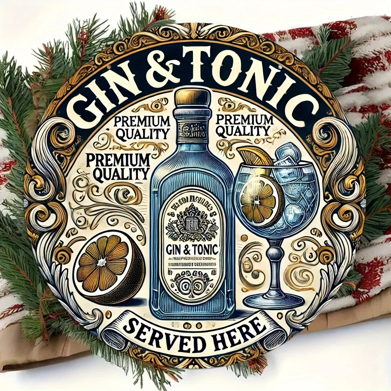 One 2D flat wooden circular sign with a retro style, "Gin and soda water are provided here" - country-style home wall decoration