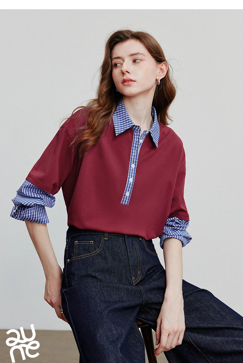 TOYOUTH Women Hoodies Sweatshirt 2025 Autumn New Spliced Fake Two Piece Polo Collar Striped Casual Pullover Tops