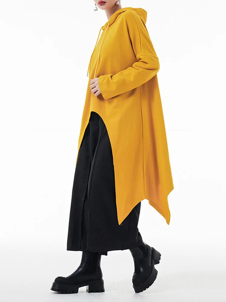 EAM Yellow Irregular Midi Sweatshirt New Hooded Drawstring Long Sleeve Women Big Size Fashion Tide Spring Autumn 2026 1DH3876