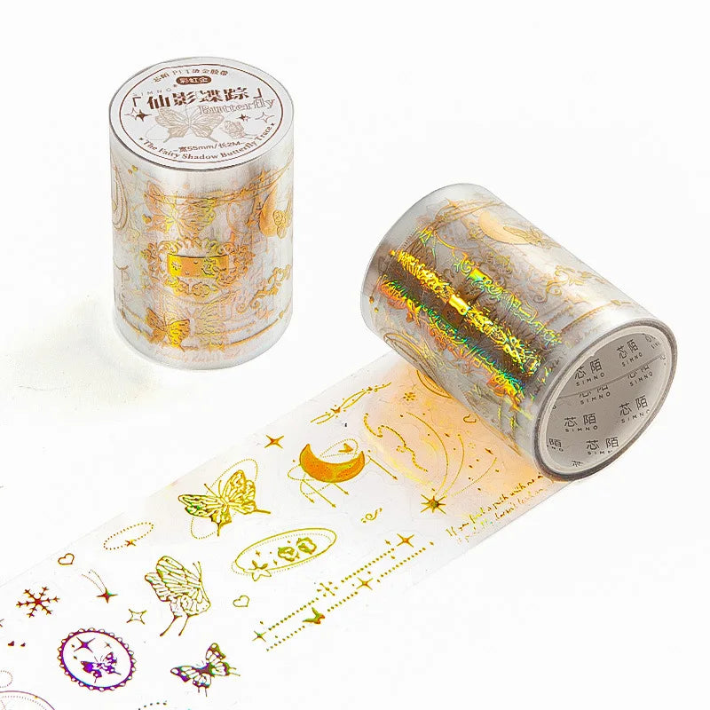 5.5*200cm 1roll Metallic PET Tape for Journaling, Laser Gold/Silver Decorative Stickers, DIY Scrapbook Washi Supplies