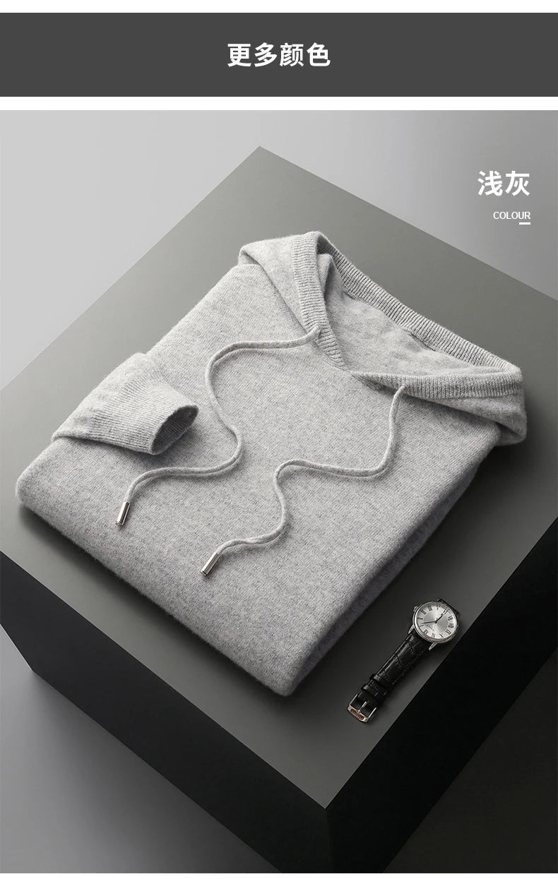 MVLYFLRT Men's 100% Merino Wool Sweater Hooded Collar Knitted Pullover Sweatshirt Autumn Winter Casual Large Tops Long Sleeved