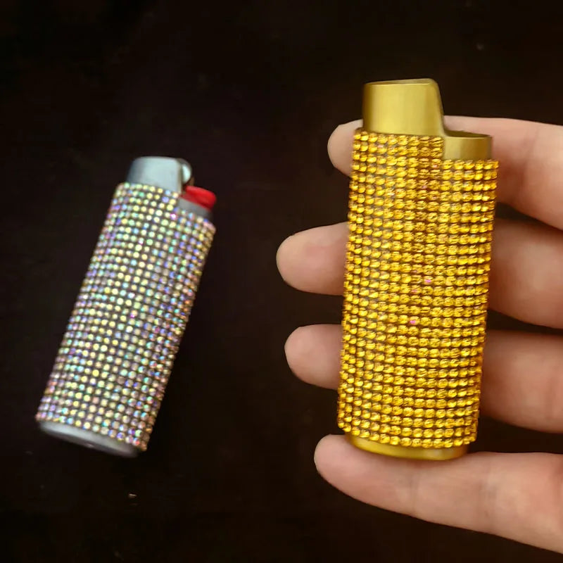 Fashion Bling Rhinestone Crystal Lighter Case Cover Sleeve Metal Shiny Lighter Holder for Bic Full Standard Size Lighter Type J6