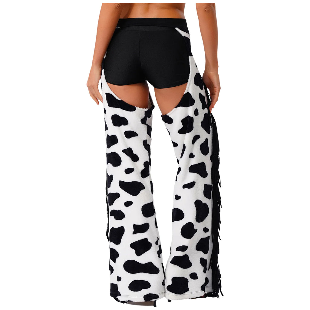 Womens Cow Spot Pattern Flannel Long Pants Adjustable Waist