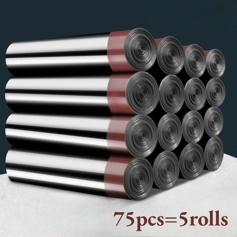 1/5 Rolls Thick Black Leak-Proof Drawstring Trash Bags - Durable Vinyl Easy-Seal for Bathroom/Kitchen/Outdoor/Restaurant/Hotel