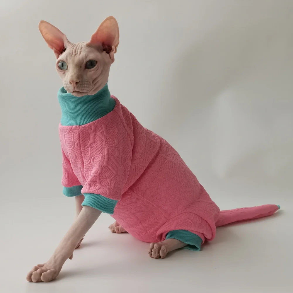 Sweet Spring Elegant Pink Suit for Sphynx Cat 4-legged Coat Hat Tail Cover Sweatshirt Set for Female Cats Jumpsuit for Devon Rex