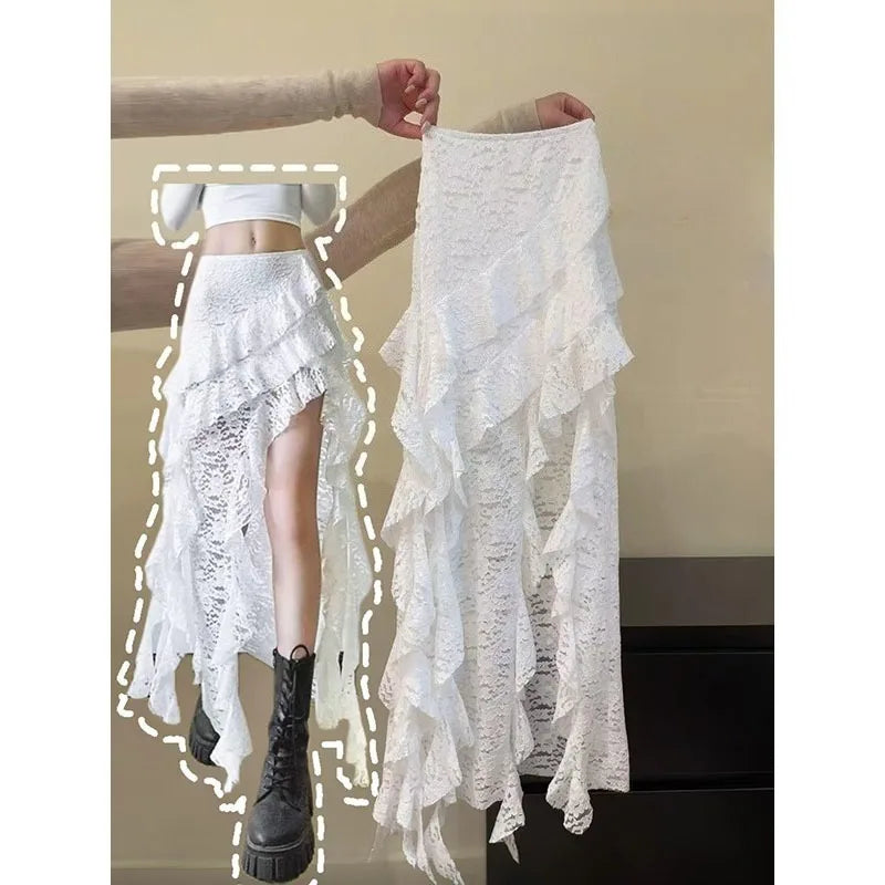 White Sweet Design Lace Patchwork Ruffle High Waisted Y2K Skirt