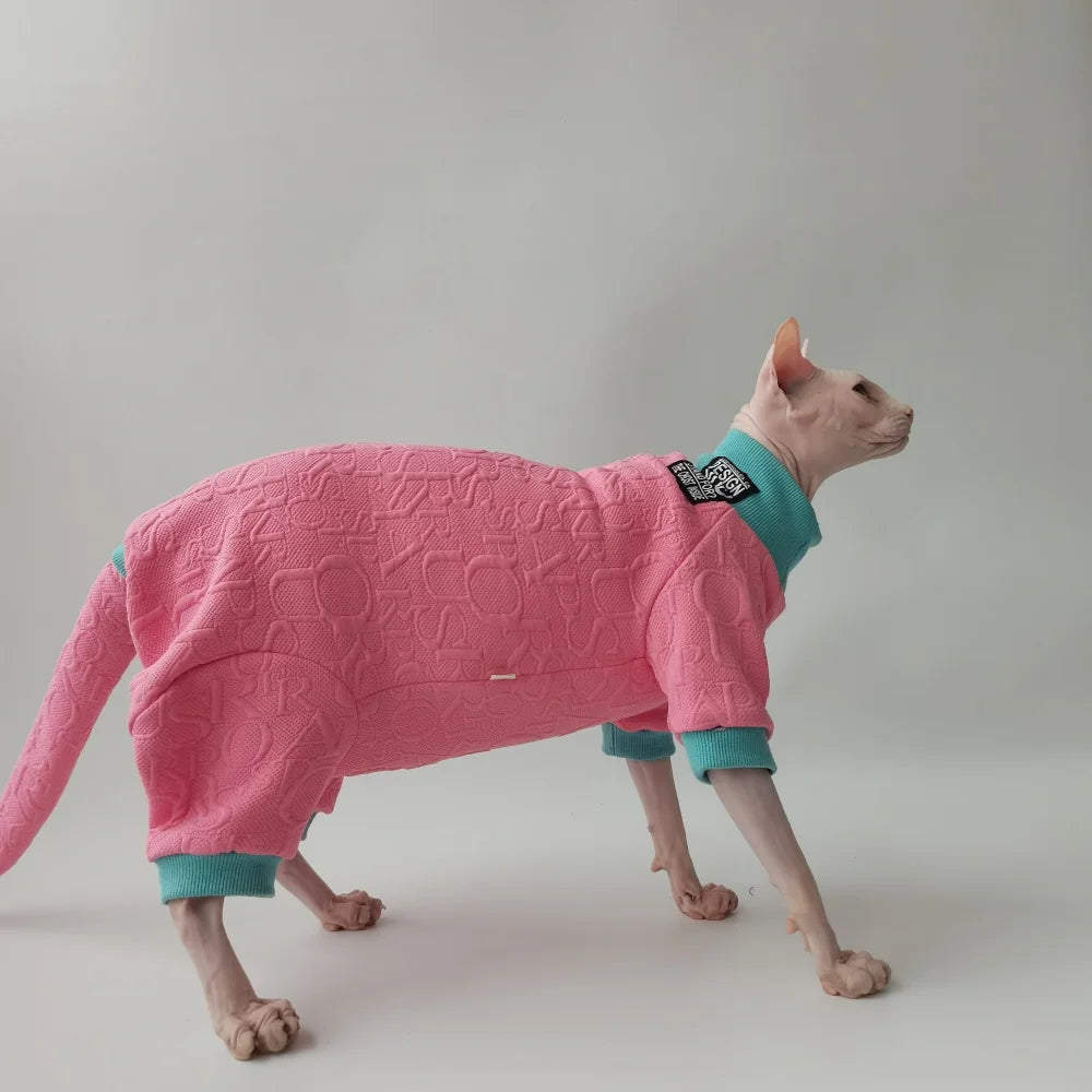 Sweet Spring Elegant Pink Suit for Sphynx Cat 4-legged Coat Hat Tail Cover Sweatshirt Set for Female Cats Jumpsuit for Devon Rex