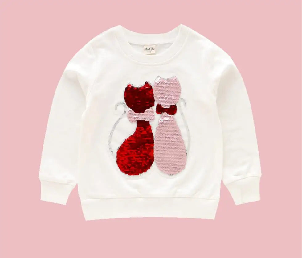 Cute Cat Baby Girls Hoody Sweatshirt Toddler Kids Cotton Sequins Cartoon Sweater Children Spring Autumn Clothes Tops