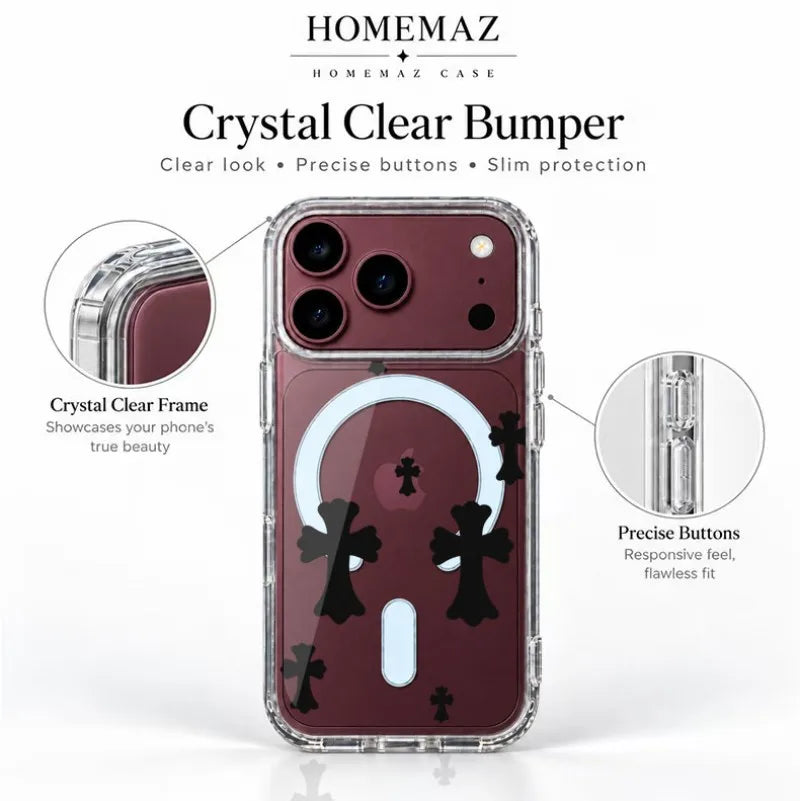 Clear Magnetic Case for iPhone with Gothic Cross Print, Slim Shockproof Soft Cover, Raised Camera Guard, Wireless Charging Support